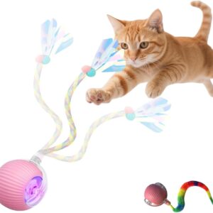 Interactive Dog Cat Toy Ball, Upgraded Rechargable Rolling Pet Ball with 2 Tails, Smart Automatic Moving Toy for Bored Indoor Kitty Puppy -Pink