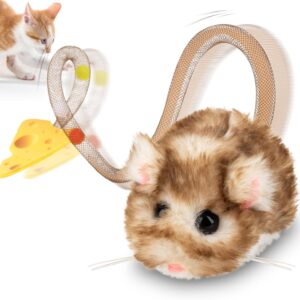 Interactive  Cat Toy 360° Rolling & Spin with Mesh Plastic Tail for Indoor Cats Smart Motion Sensor, Realistic Squeak, Rechargeable Plush Kitten Toy(Brown Long)